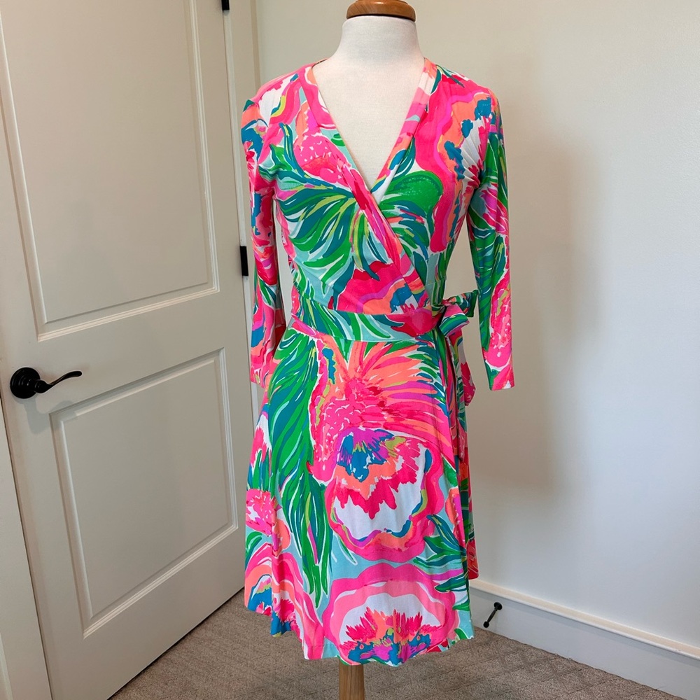 Lilly Pulitzer Emilia Pink and Green Paradise Bound Wrap Dress SMALL
